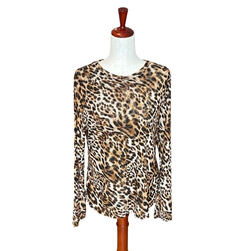I.N.C. Long Sleeve Sheer Crew Neck Pullover Blouse Top Leopard Print Size XL